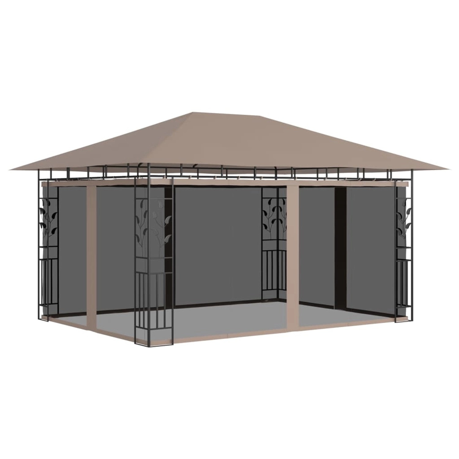 Taupe Pavillon 4x3m mit Moskitonetz und LED-Lichterkette für Garten & Terrasse.