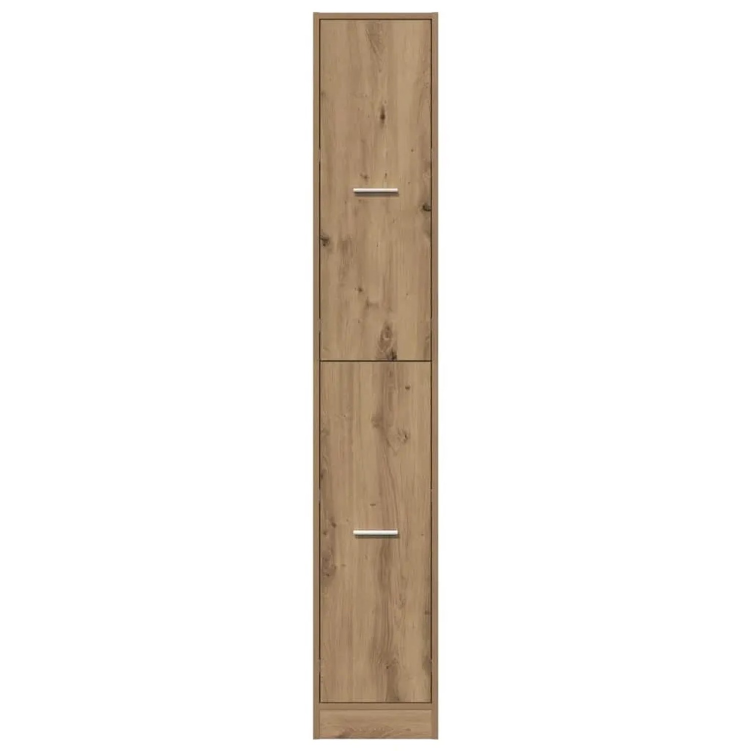 Schmaler Apothekerschrank in Artisan Eiche Optik mit vier Schubladen und silbernen Griffen.