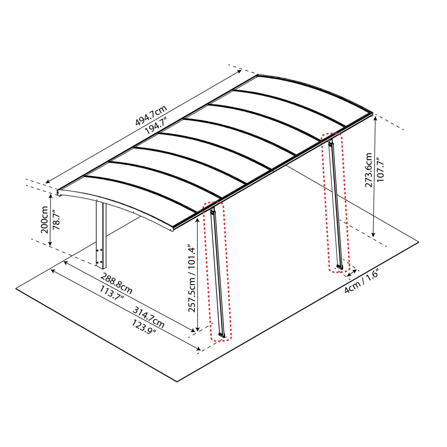 Technische Zeichnung: Palram Canopia Carport Arizona Extra Kit mit Maßen.