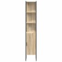 Schmaler vidaXL Badezimmerschrank Sonoma mit Holzoptik, drei offenen Regalen und einer Tür, schwarzer Metallrahmen.