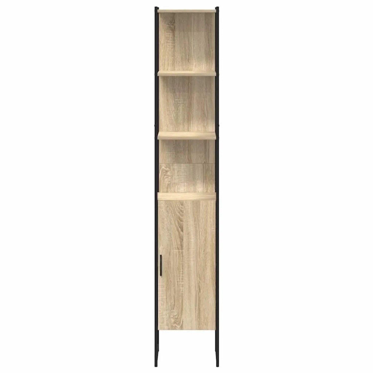 Schmaler vidaXL Badezimmerschrank Sonoma mit Holzoptik, drei offenen Regalen und einer Tür, schwarzer Metallrahmen.