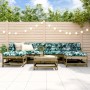 7-teiliges Garten-Lounge-Set aus imprägniertem Kiefernholz mit Blättermuster auf den Polstern.