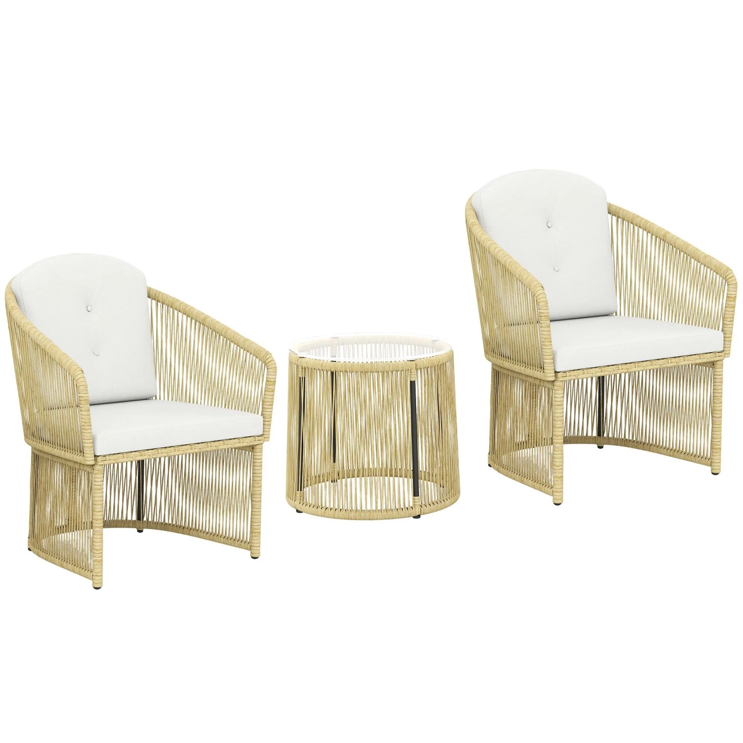 Furnicato Rattan-bistro-set 3-teiliges Gartenmöbel-set Mit Rundem Glastisch Sesseln Und Kissen Cremeweiß