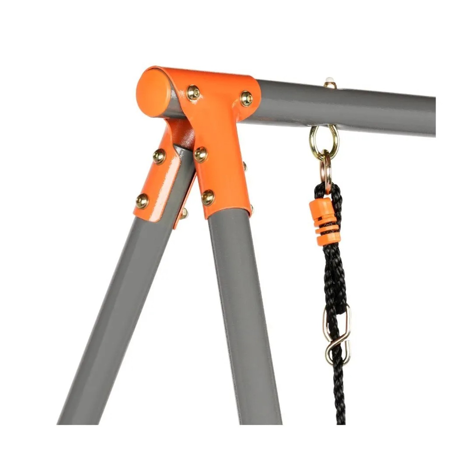Kettler Einzelschaukel: Detailansicht des grauen Metallrahmens mit orangefarbenen Verbindungen und Schaukelseil. Ideal für Garten.