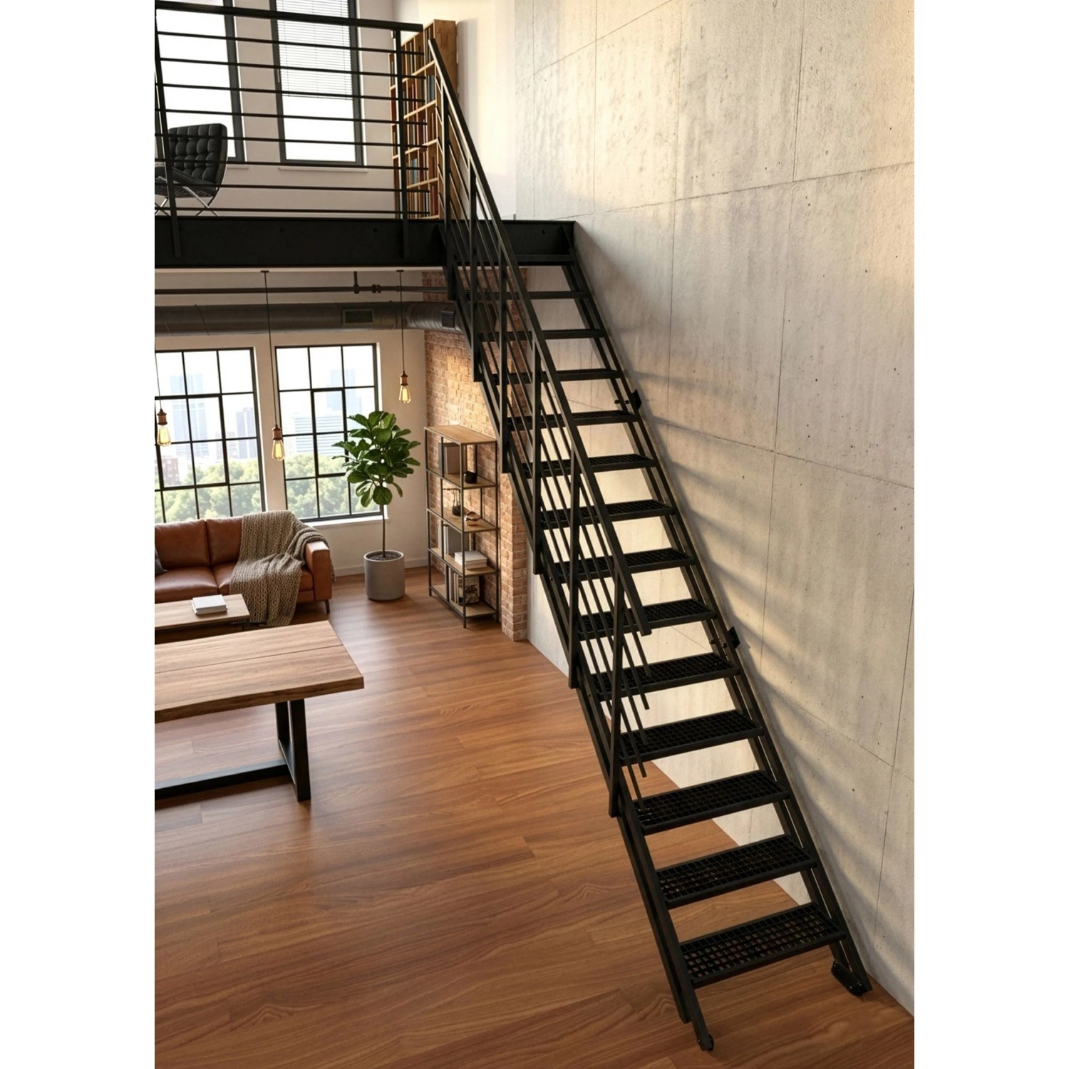 Schwarze Minka Raumspartreppe Flex Grid aus Metall mit Gitterroststufen im Industrial Design für Innenräume.