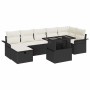 Schwarzes 8-teiliges vidaXL Garten-Sofa-Set aus Poly Rattan mit Tisch und beigen Kissen.