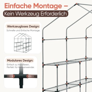 Detailansicht des Gewächshaus-Rahmens: werkzeuglose, modulare Montage. Einfacher Aufbau des Foliengewächshauses mit Regalebenen.