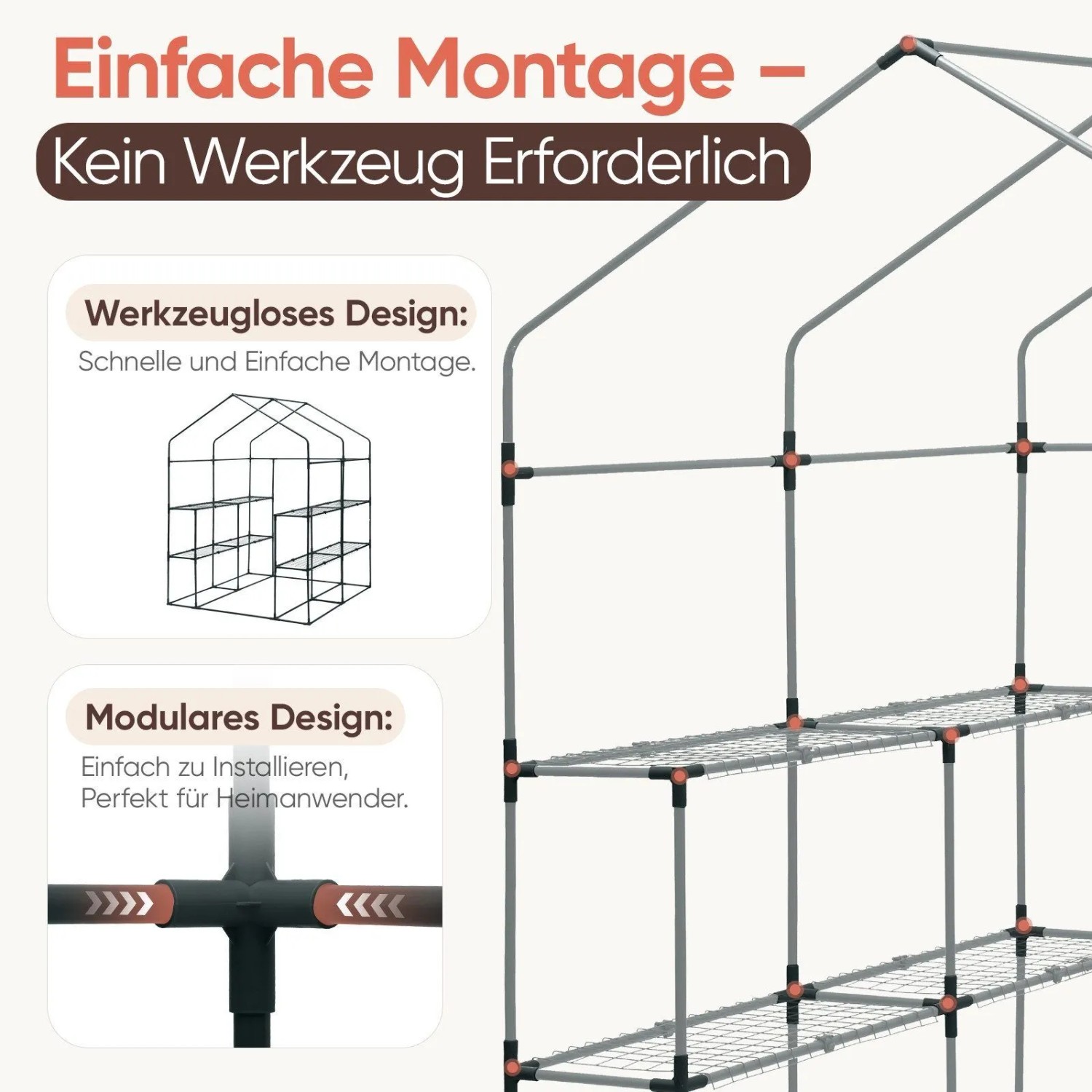 Detailansicht des Gewächshaus-Rahmens: werkzeuglose, modulare Montage. Einfacher Aufbau des Foliengewächshauses mit Regalebenen.
