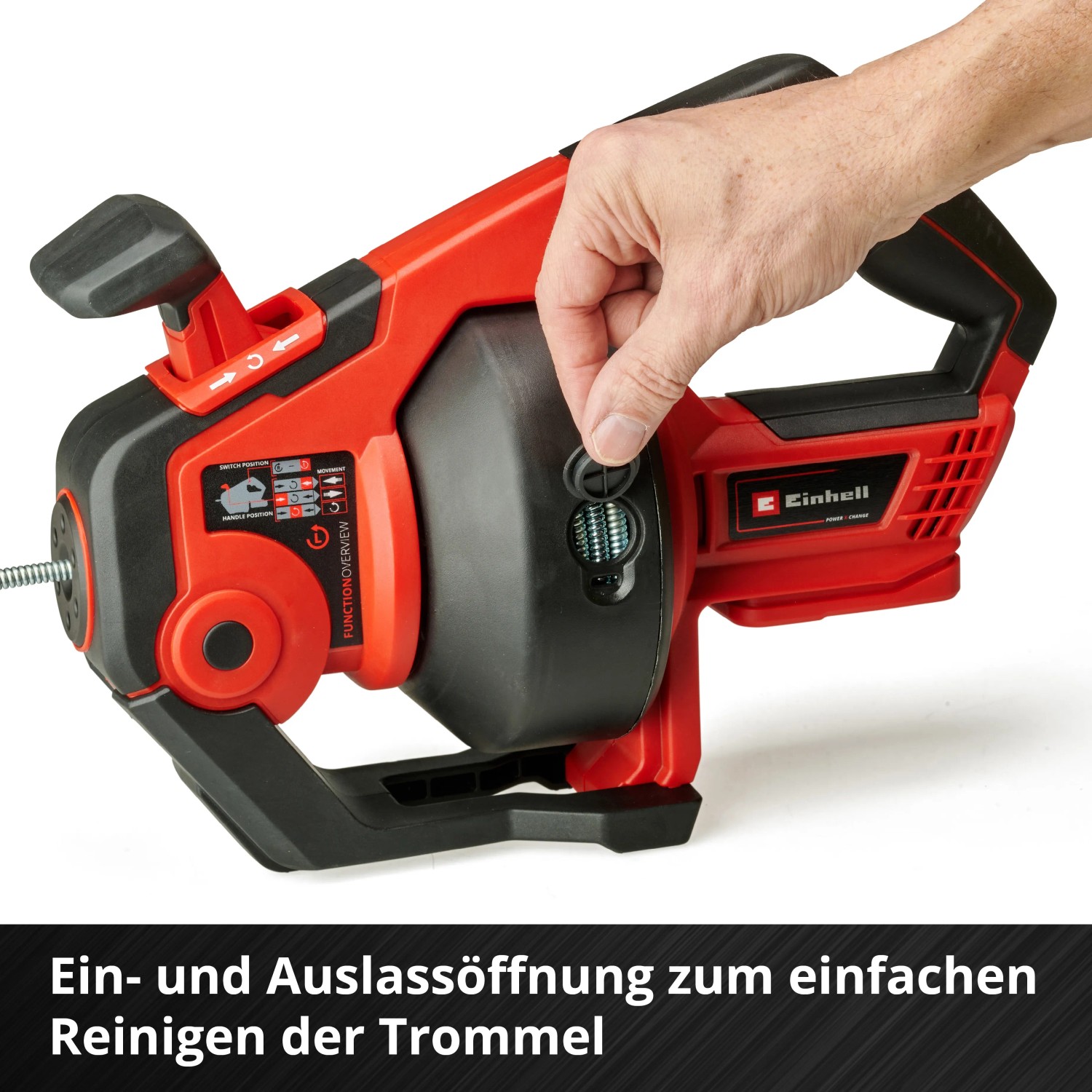 Einhell Akku-Rohrreiniger TE-DA 18/760 Li Solo: Detailaufnahme der Reinigungsöffnung.
