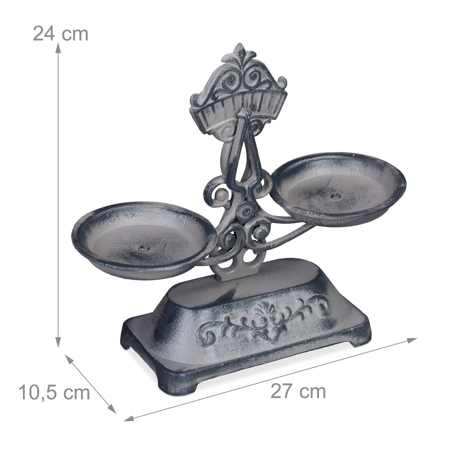 Grau-schwarze Gusseisen Deko Waage im Antik-Design mit floralen Verzierungen. Dekorative Figur für Ihr Zuhause.