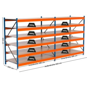 PROREGAL Weitspannregal MAXIMUS PRO, blau/orange, mit 6 Spanplatten-Fachböden und Maßangaben.