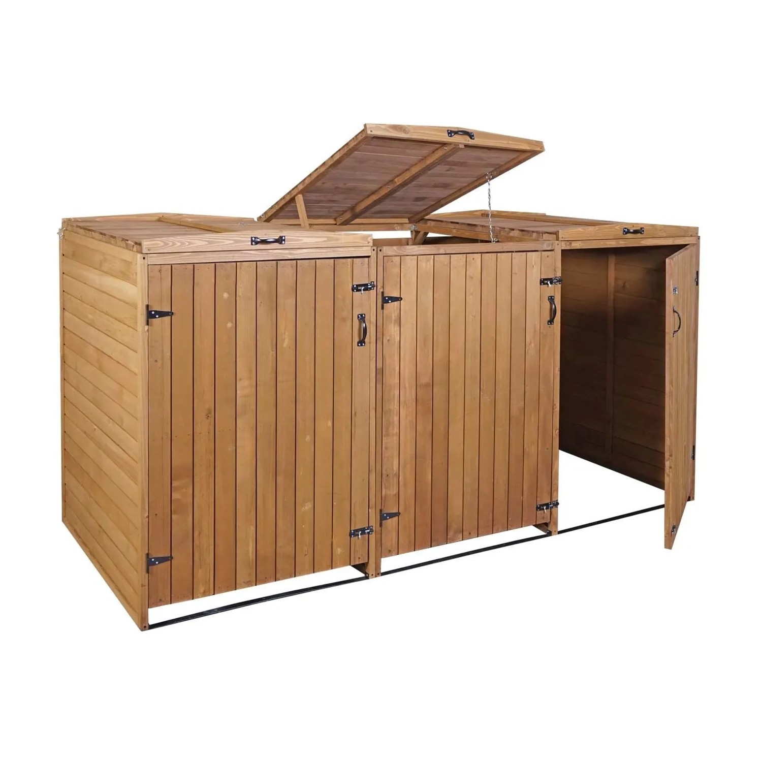 Braune 3er-Mülltonnenverkleidung aus Tannenholz mit geöffnetem Deckel und Tür. Robuste Mülltonnenbox für den Außenbereich.