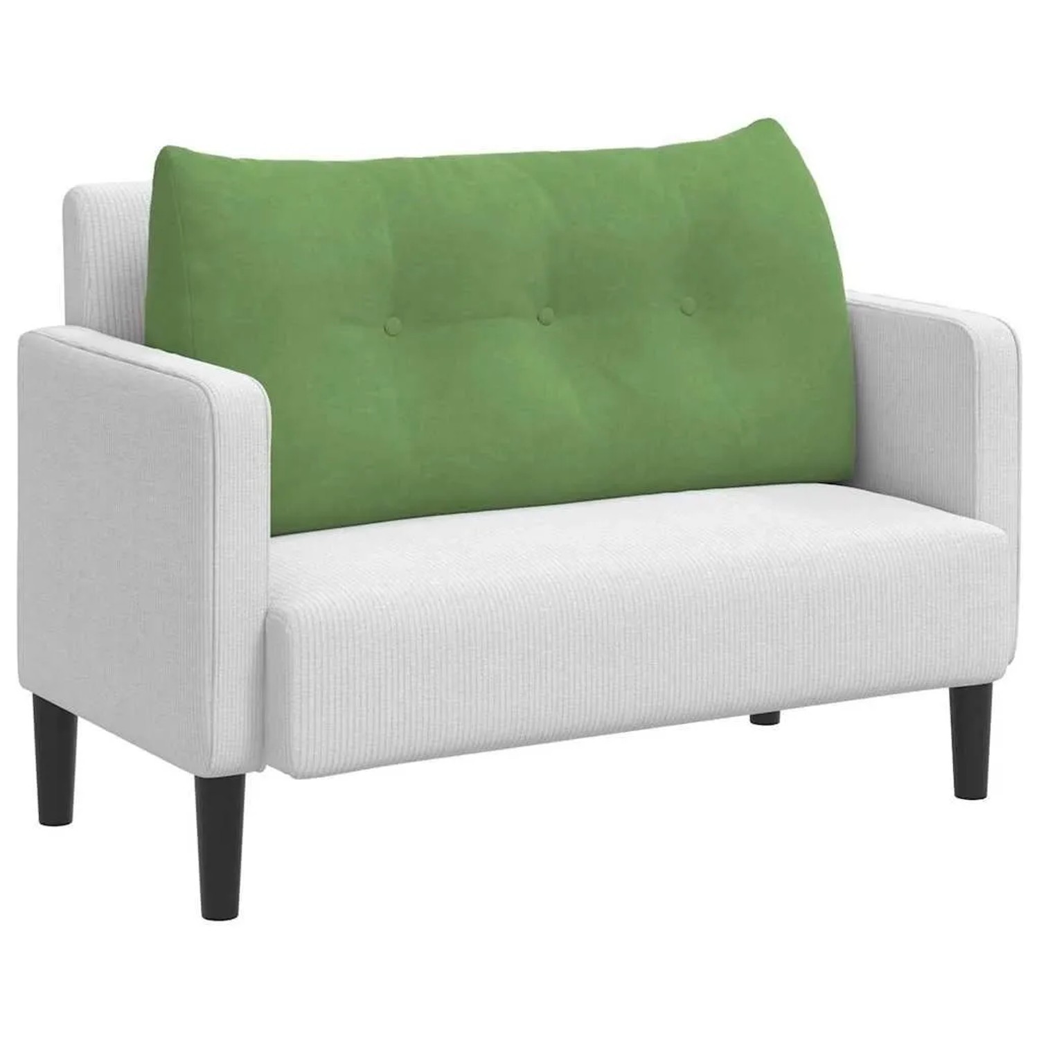 Hellgrünes Samt-Rückenkissen mit Knopfdetails auf weißem Sofa. Perfekt für Komfort & Stil.