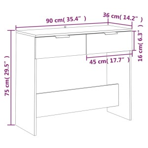 Skizze eines Konsolentischs Sonoma-Eiche (90x36x75 cm) aus Holzwerkstoff mit Schubladen.