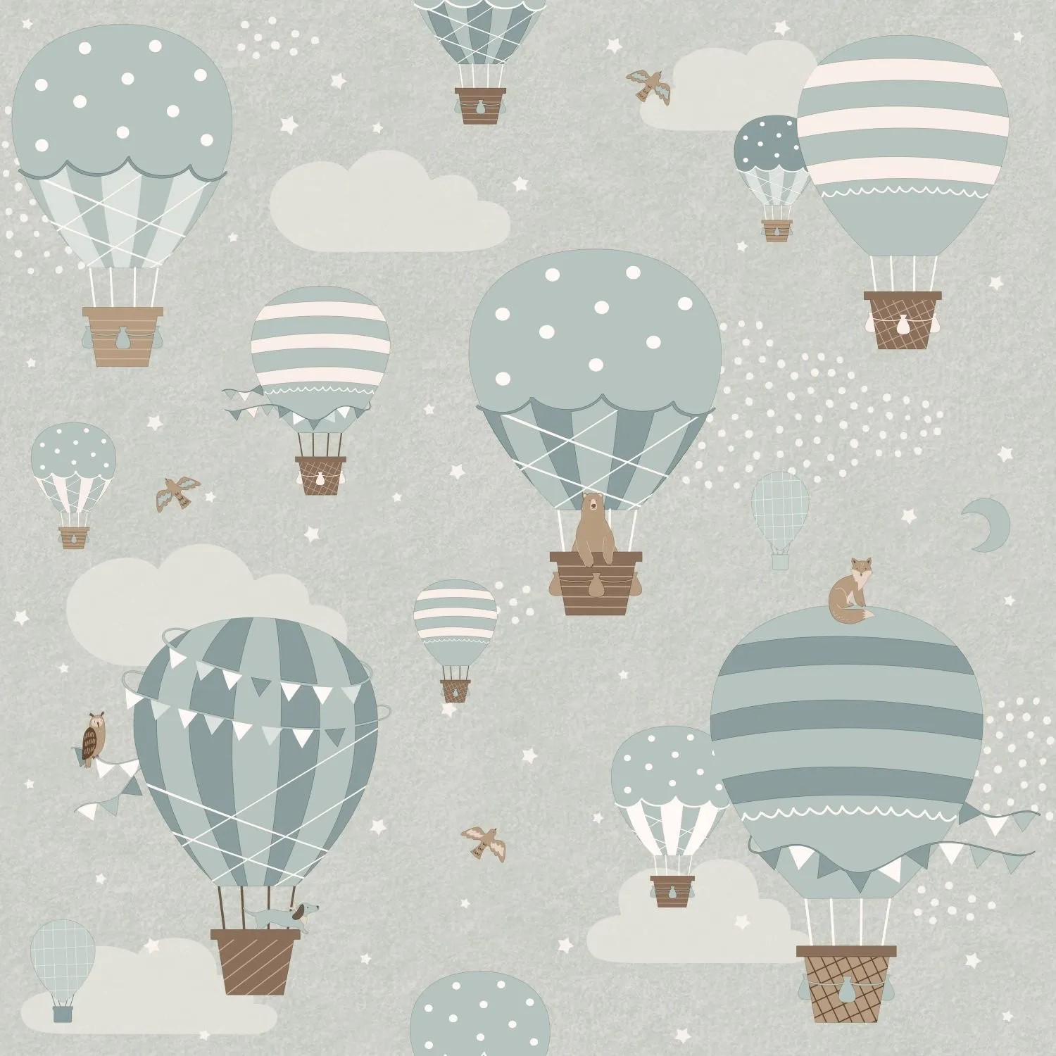 ESTAhome Vliestapete: Blau-graue Luftballons, Wolken, Sterne & Tiere. Ideal für Kinderzimmer. Dekorative Tapete.