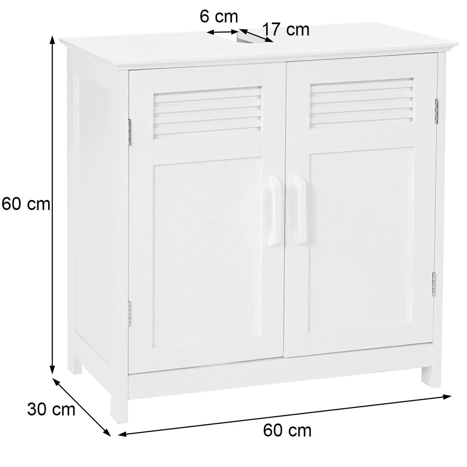 Weißer MCW Waschbeckenunterschrank A85 aus MDF/Bambus mit 2 Türen, Lamellendetail und Siphon-Aussparung.