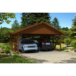 Skan Holz Carport Schwarzwald in Nussbraun mit Rückwand und zwei geparkten Autos.