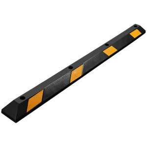 Schwarzer Gummi Radstopper mit gelben Reflexstreifen und Befestigungslöchern für Garage und Parkplatz.