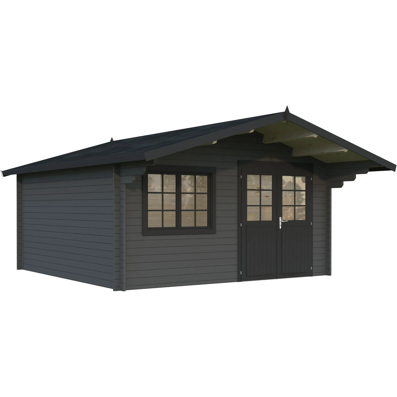 Palmako Gartenhaus Britta, 426x426 cm, lackiert in Grau-Anthrazit. Holz-Gartenhaus mit Fenster und Doppeltür.