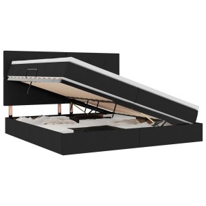 Schwarzes vidaXL Bett mit LED und Stauraum, Stoffbezug, geöffnet mit Matratze und Lattenrost sichtbar.