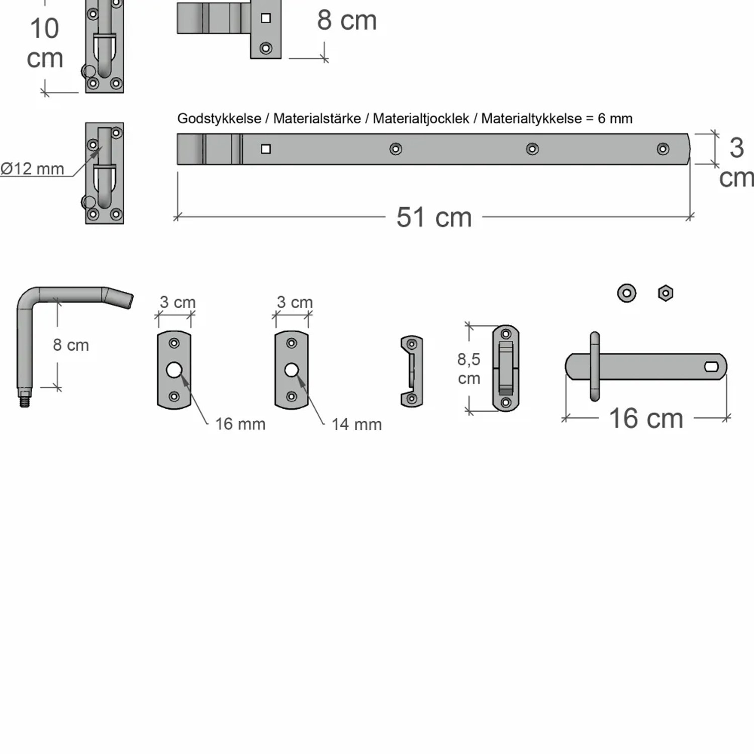 Beschläge für Gartentore: Details und Maße der Einzelteile im Überblick.