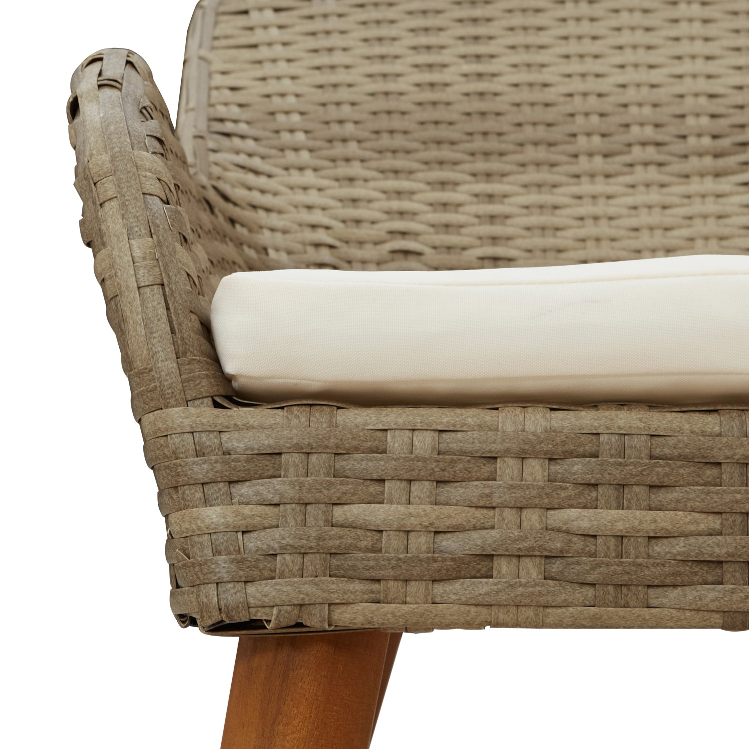 Detailaufnahme: Beige Poly Rattan Gartenstuhl der vidaXL 5-teiligen Essgruppe mit Sitzkissen.