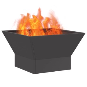 Schwarze vidaXL Feuerstelle aus Stahl, quadratisch, mit brennendem Feuer. Ideal für Garten und Terrasse.