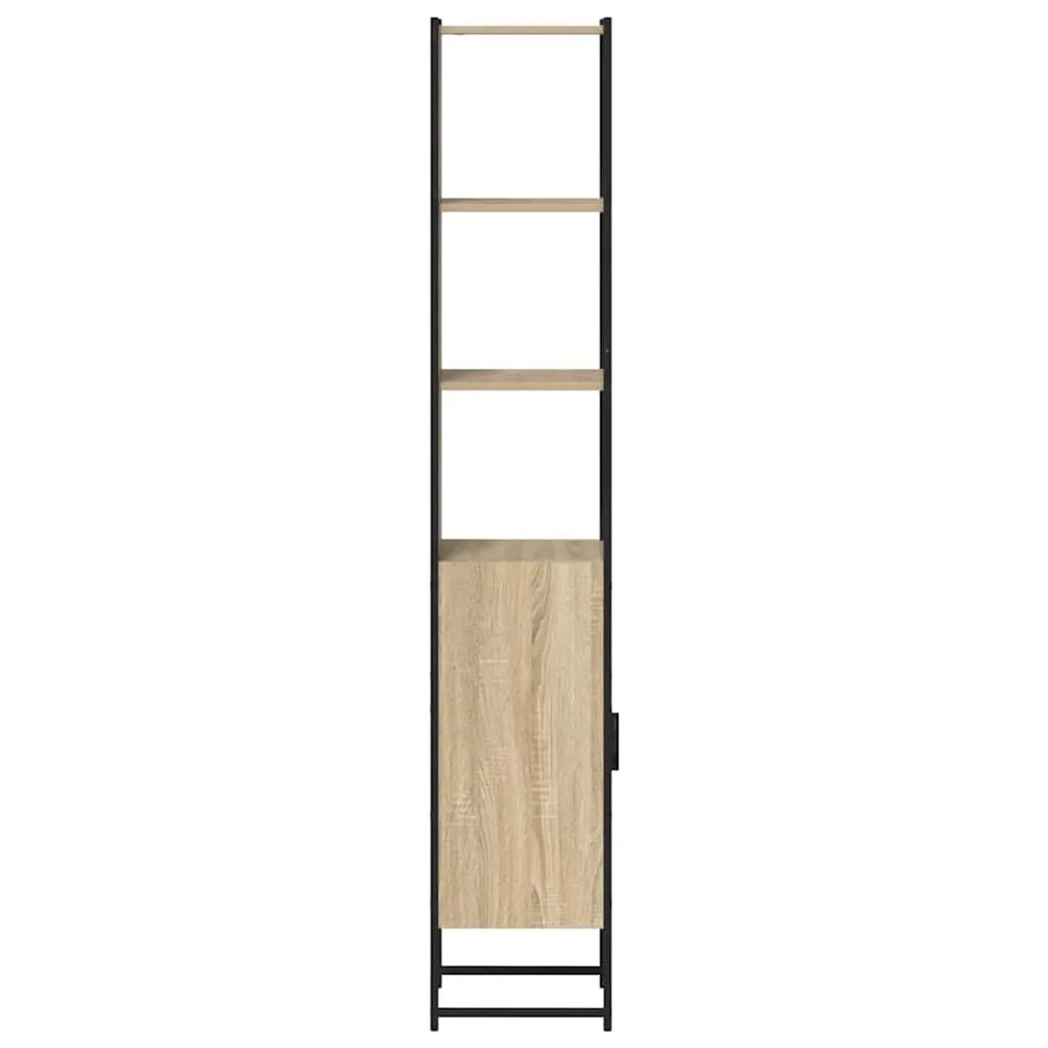 Schmaler vidaXL Bad-Hochschrank Sonoma aus Holzwerkstoff mit schwarzem Stahlrahmen, offenen Regalen und Tür.