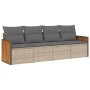 Beige 4-tlg. Garten-Sofagarnitur aus Rattan mit grauen Kissen.