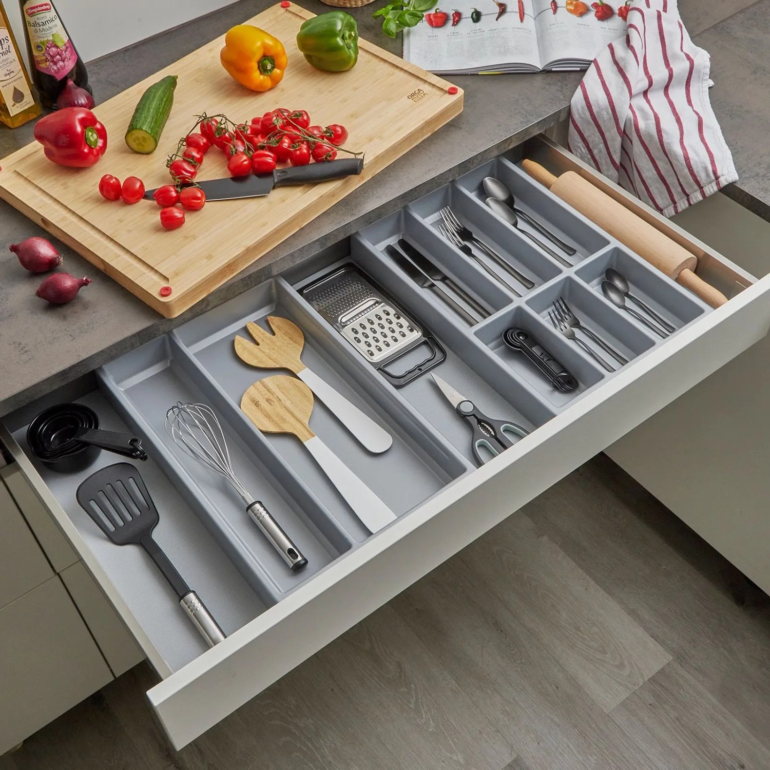 SOTECH ORGA-BOX Vario SET 2 Silbergrau für 100er Schublade Mehrzweckeinsatz Besteckeinsatz Antirutschmatte Orga-Weave_4