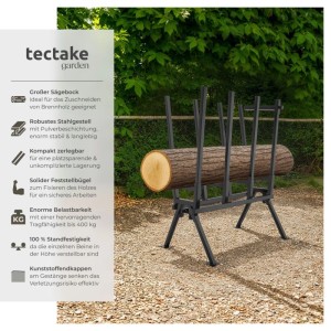 Schwarzer Tectake Holzsägebock aus Stahl mit Holzstamm und Feststellbügel im Garten.