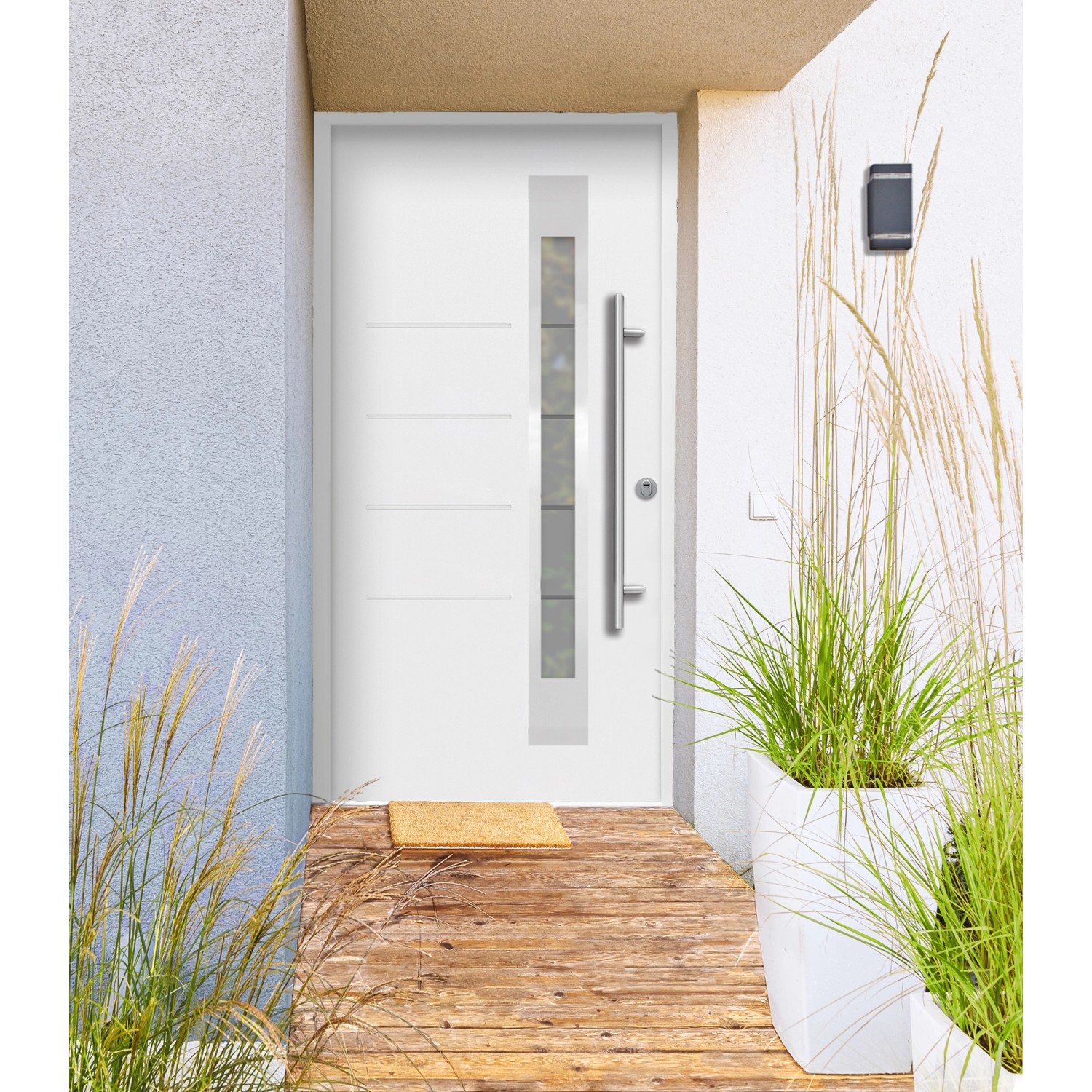 Weiße Splendoor Sicherheits-Haustür Berlin Prime RC2 mit Glasausschnitt und Edelstahlgriff.