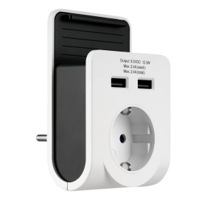 Weißes REV Ritter USB Ladegerät mit 2 USB-Ports, Schuko-Steckdose und Ablage.