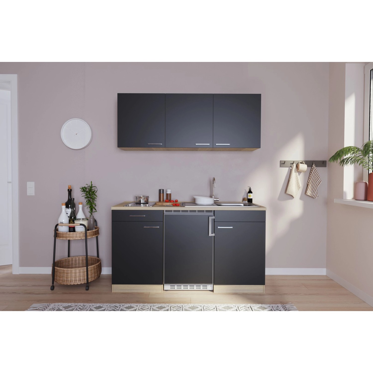 Respekta Economy Küchenzeile/Küchenblock KB150ESSC 150 cm Schwarz-Eiche Sägerau