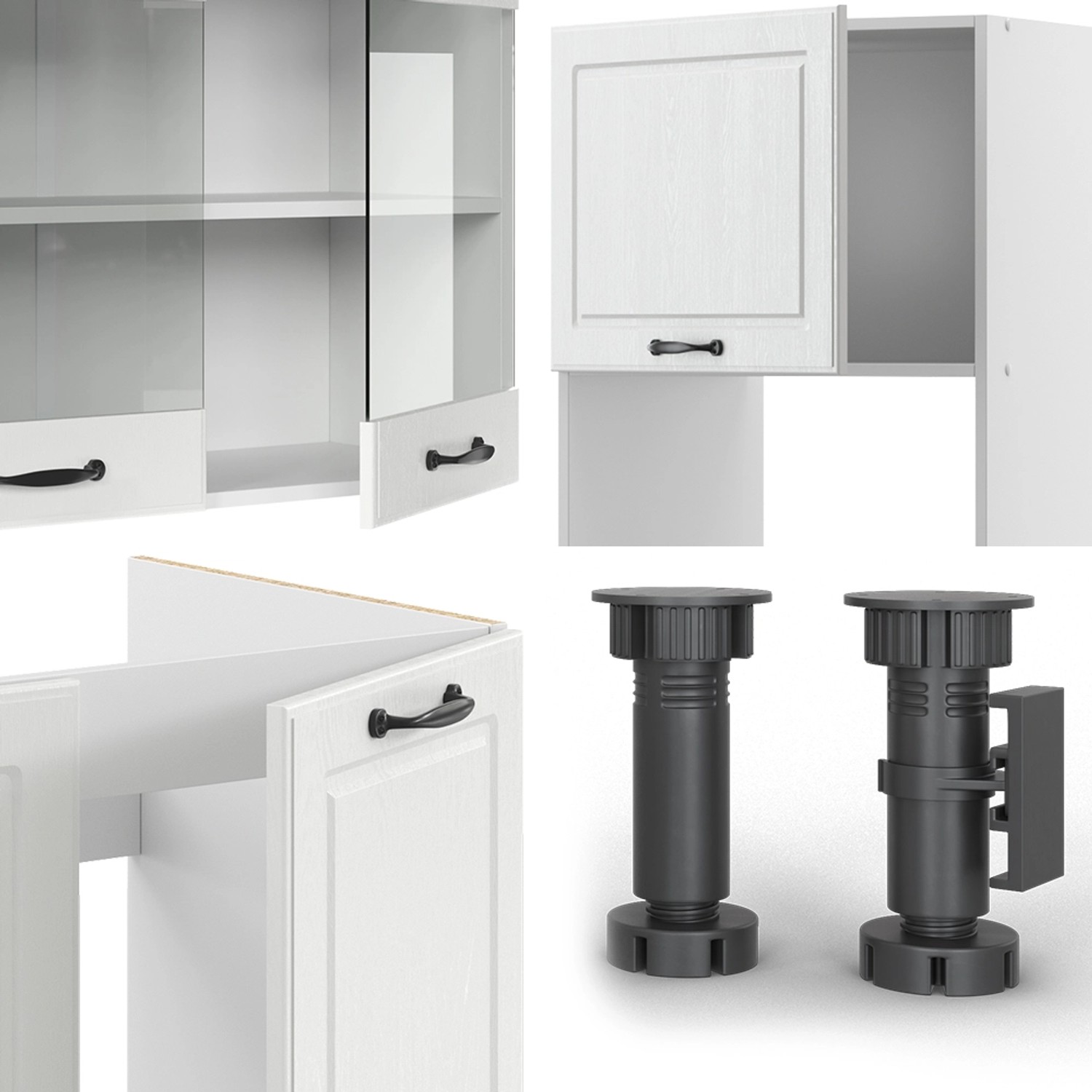 Vicco R-Line Eckküche, weiße Landhausfront, Details und höhenverstellbare Füße.