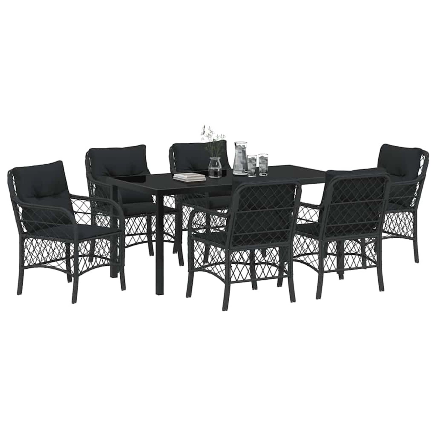 Schwarze 7-teilige vidaXL Garten Essgruppe aus Poly Rattan mit Kissen.