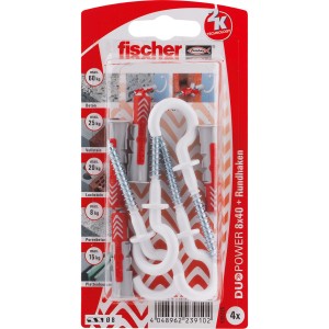 Fischer Dübel DuoPower 8x40 mit Rundhaken, 4 Stück, für sicheren Halt in verschiedenen Baustoffen.