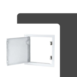 Weiße Protektor Revisionsklappe 20x20 cm aus Stahl mit geöffneter Tür und Schnappverschluss.