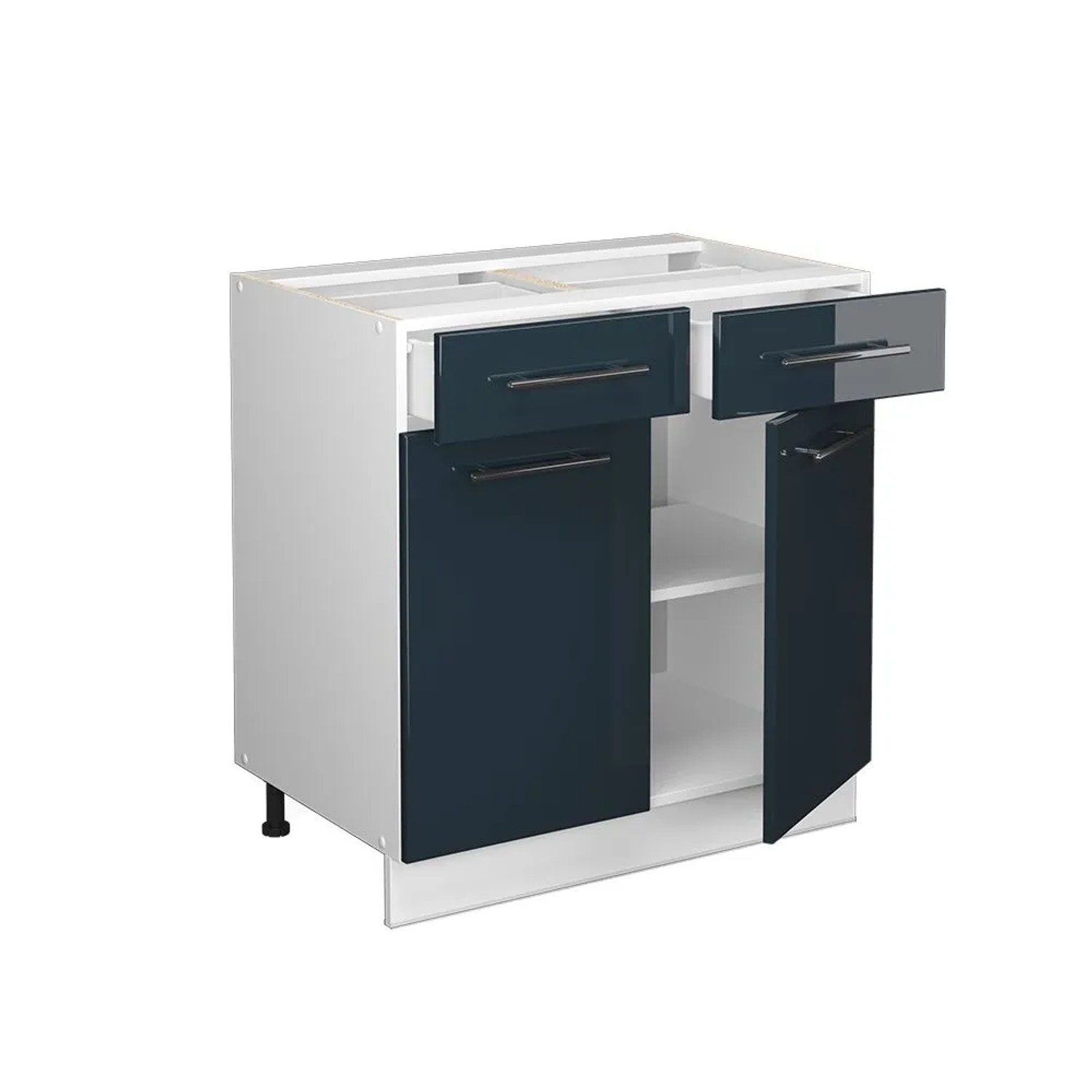 Küchenunterschrank Fame-Line, dunkelblau/weiß, 80 cm breit, mit Schubladen und Türen.