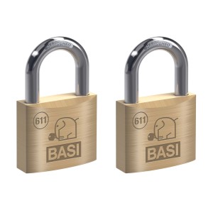 2er Set Basi Vorhangschlösser, 40mm, gleichschließend, Messinggehäuse mit Stahlbügel.