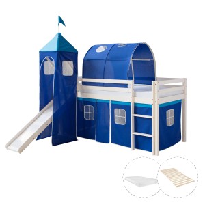 Homestyle4u Hochbett 90x200 mit Vorhang Lattenrost Matratze Rutsche Tunnel Turm Weiß 2573