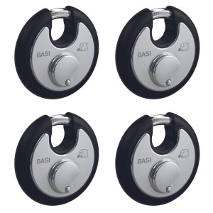 4er Set Basi Rundbügel-Vorhangschlösser, 70mm, schwarz, aus Edelstahl mit Witterungsschutz.