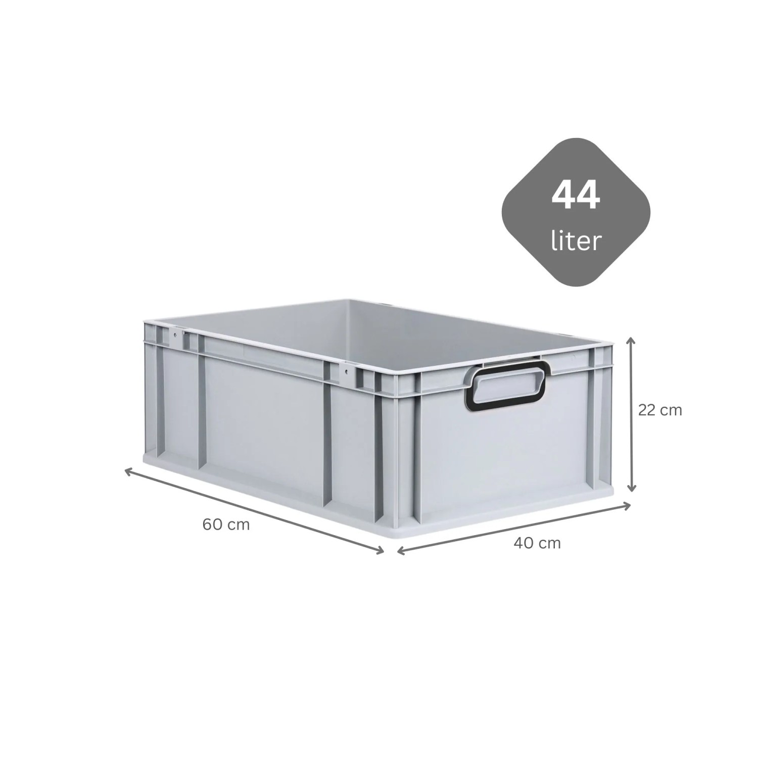 Graue PROREGAL Eurobox Nextgen, 44 Liter, mit schwarzem Griff und Auflagedeckel. Aufbewahrungsbox.