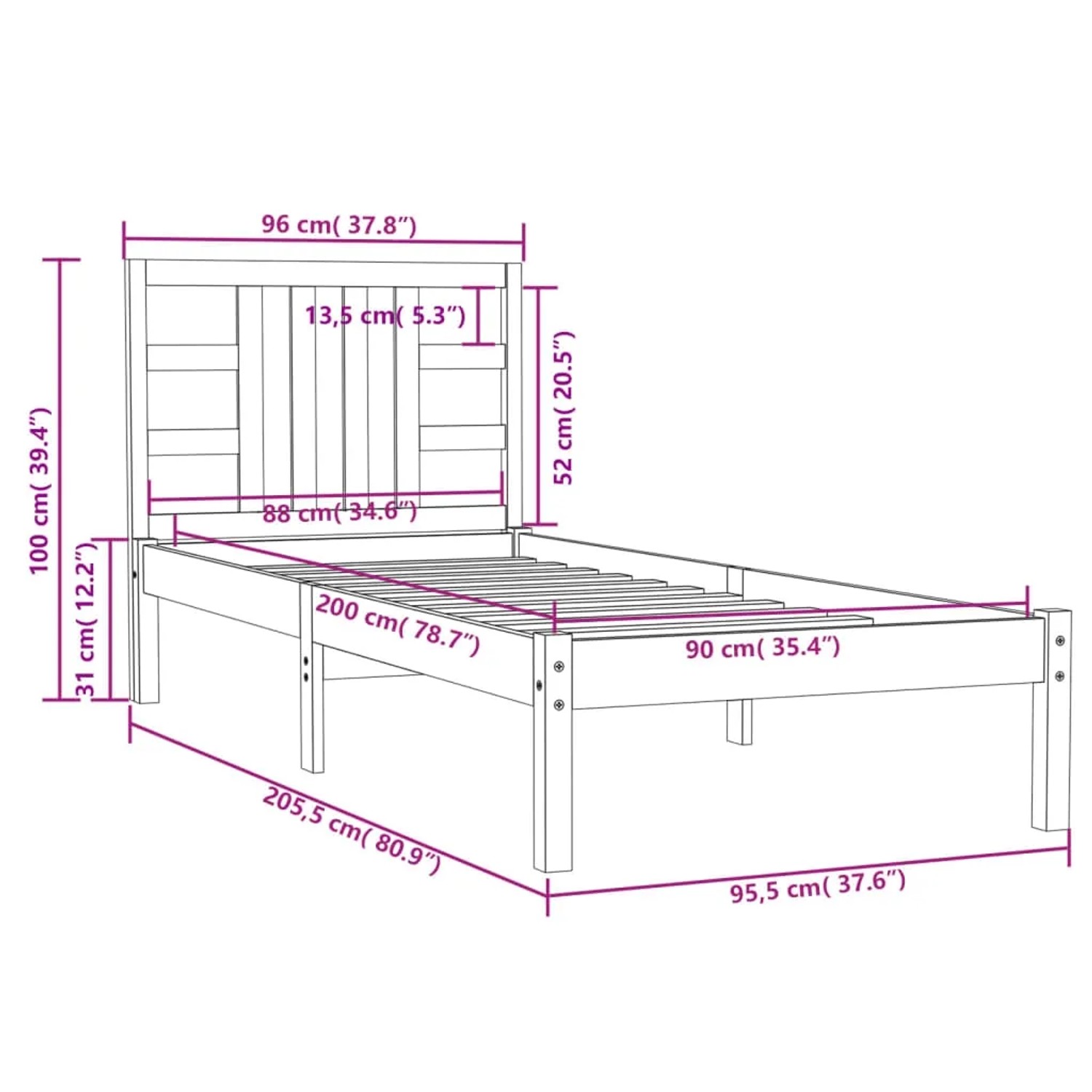Skizze vidaXL Massivholzbett 90x200 cm mit Maßangaben für Betten.