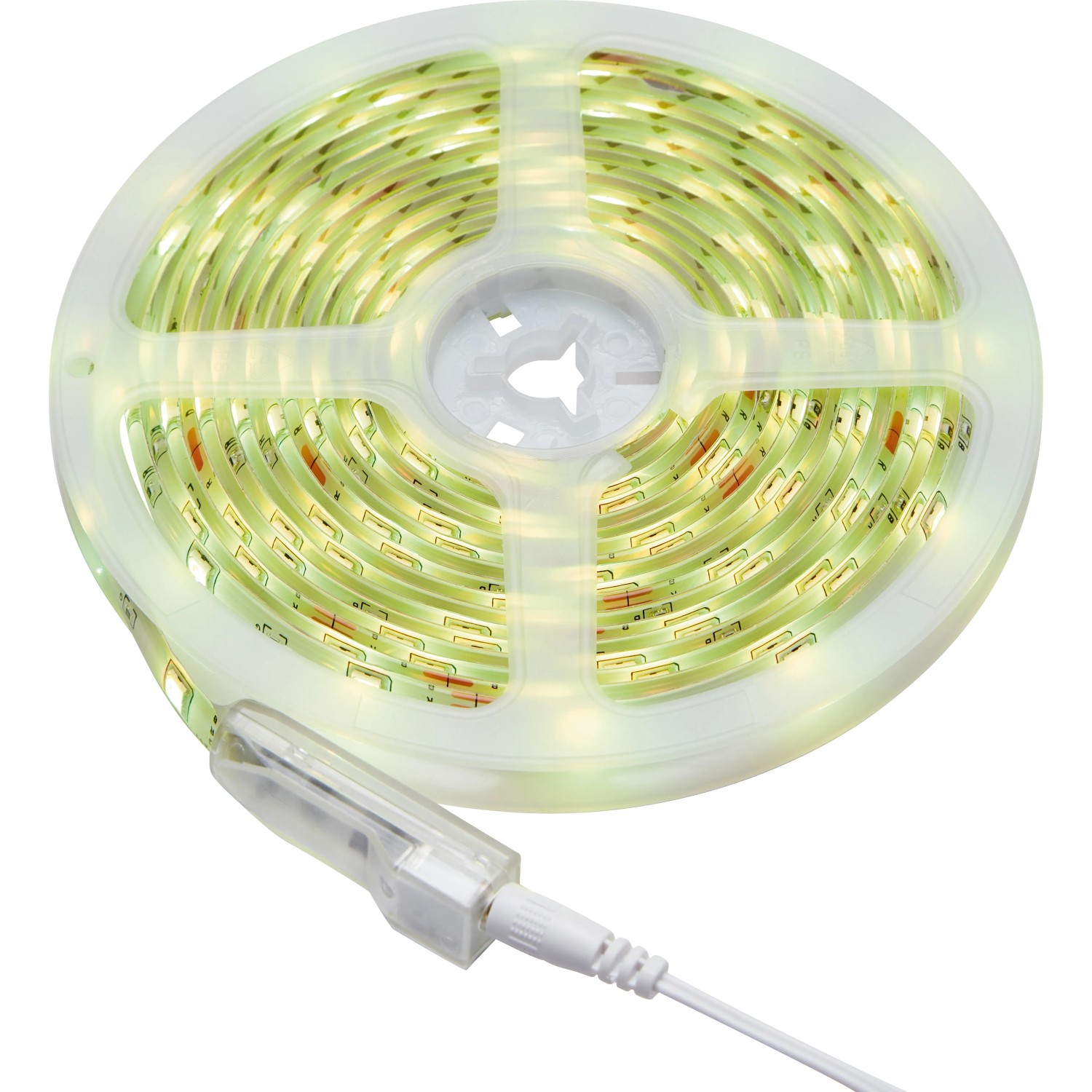 Aufgerolltes LED-Flexband RGB, 5 m, mit Anschlusskabel. LED-Streifen für stimmungsvolle Beleuchtung.