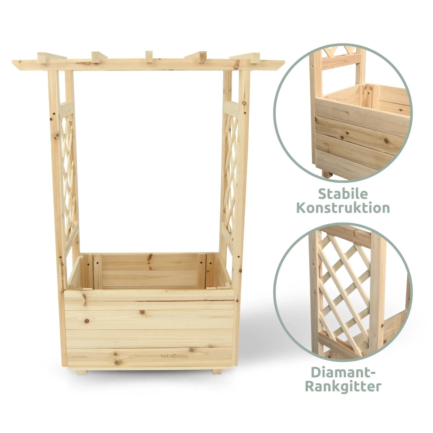 Holz4home Pflanzkasten mit Dach, Tannenholz, inkl. Vlieseinlage, ideal für rankende Blumen im Garten.