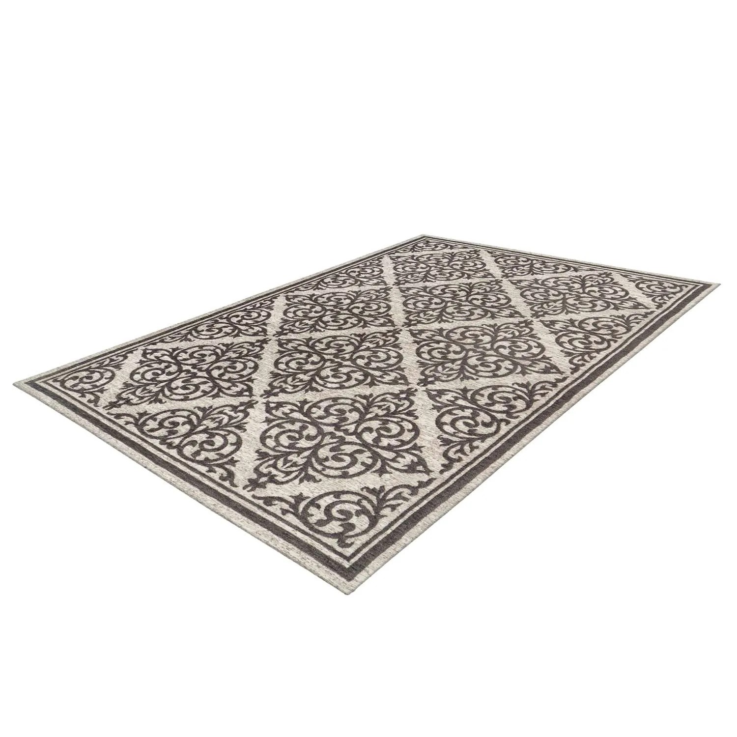 Grauer Kurzflor Teppich im Vintage Look, 160x230 cm, mit orientalischem Muster.