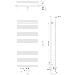 Technische Zeichnung Schulte Design-Heizkörper München Powerpack, Maße HxB 123x60cm, Heizkörper mit Mittelanschluss.