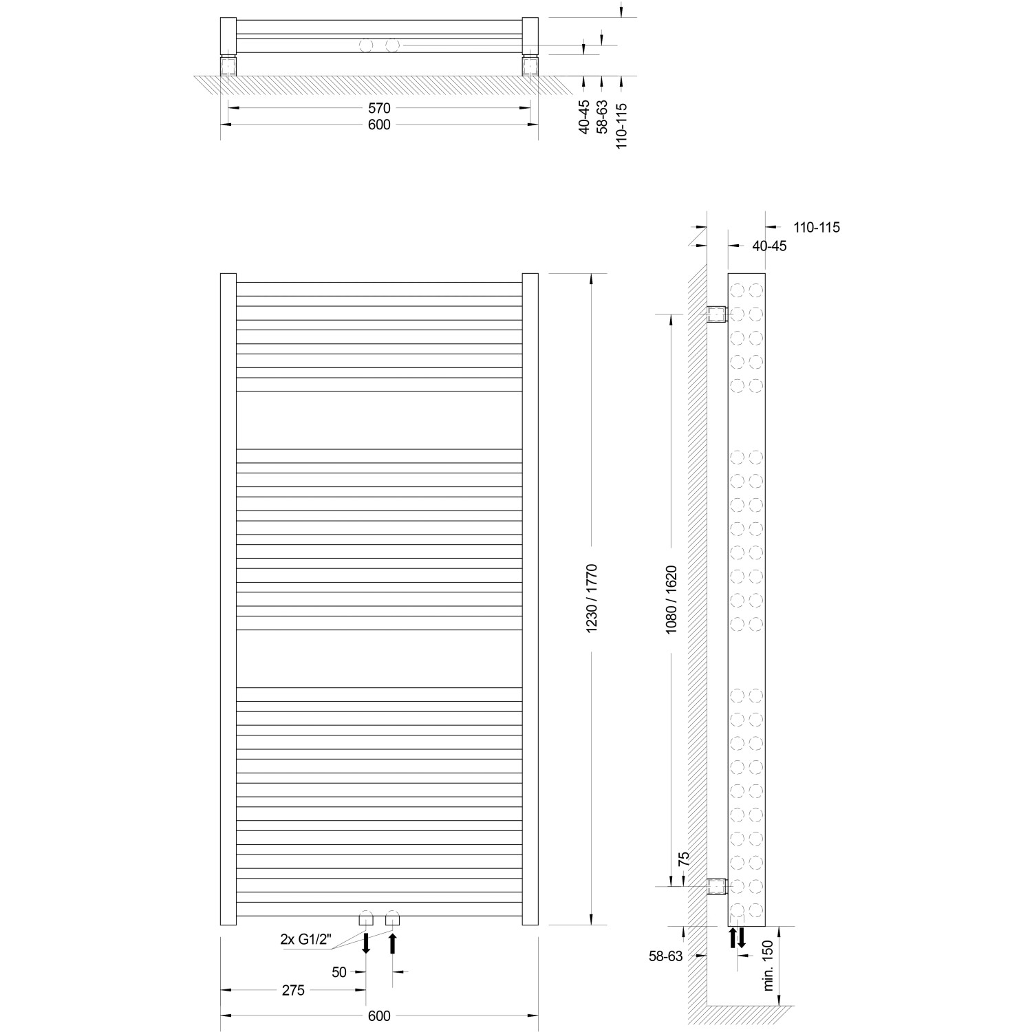 Technische Zeichnung Schulte Design-Heizkörper München Powerpack, Maße HxB 123x60cm, Heizkörper mit Mittelanschluss.