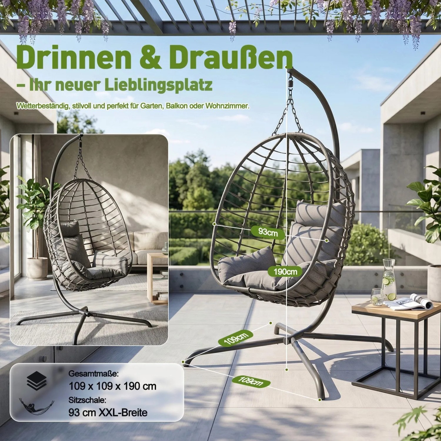Grauer Rattan-Hängesessel mit Gestell und Kissen, 190cm hoch, für Innen- und Außenbereich. Klappbar, bis 150 kg.